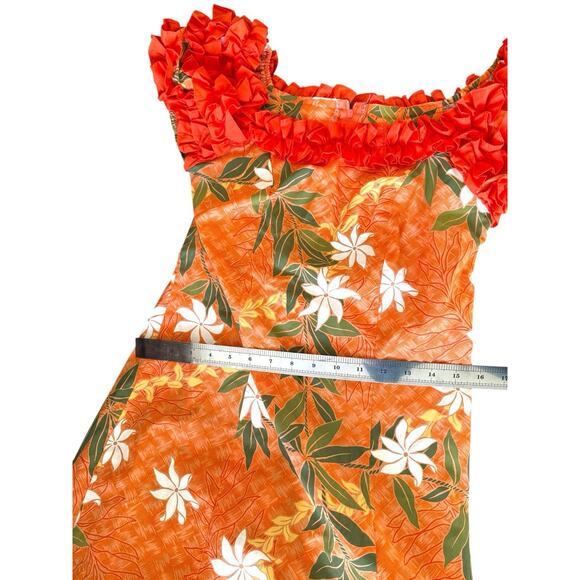 T&L Muumuu Factory Orange Puff Sleeve Vintage Hawaiian Aloha Dress Floral Ruffle - Picture 5 of 13